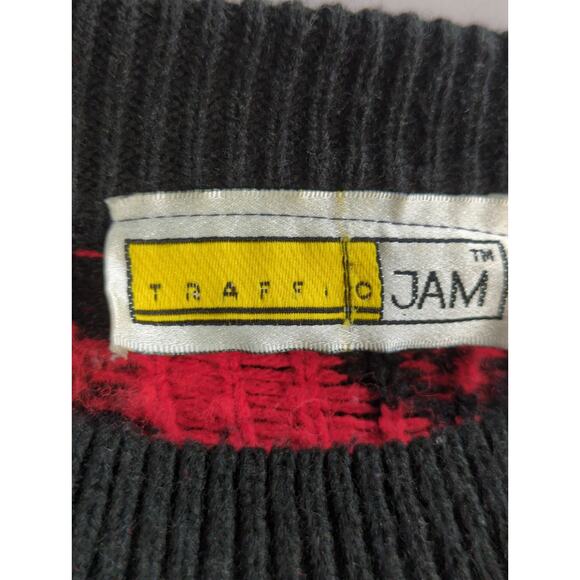 VTG Traffic Jam Sweater L Multicolor Patchwork Floral Geometric Knit 90s - Picture 2 of 8